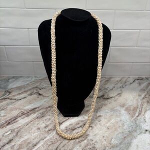 Vintage Beaded Twisted Necklace Cream Clear Shimmer 32” Longer Length